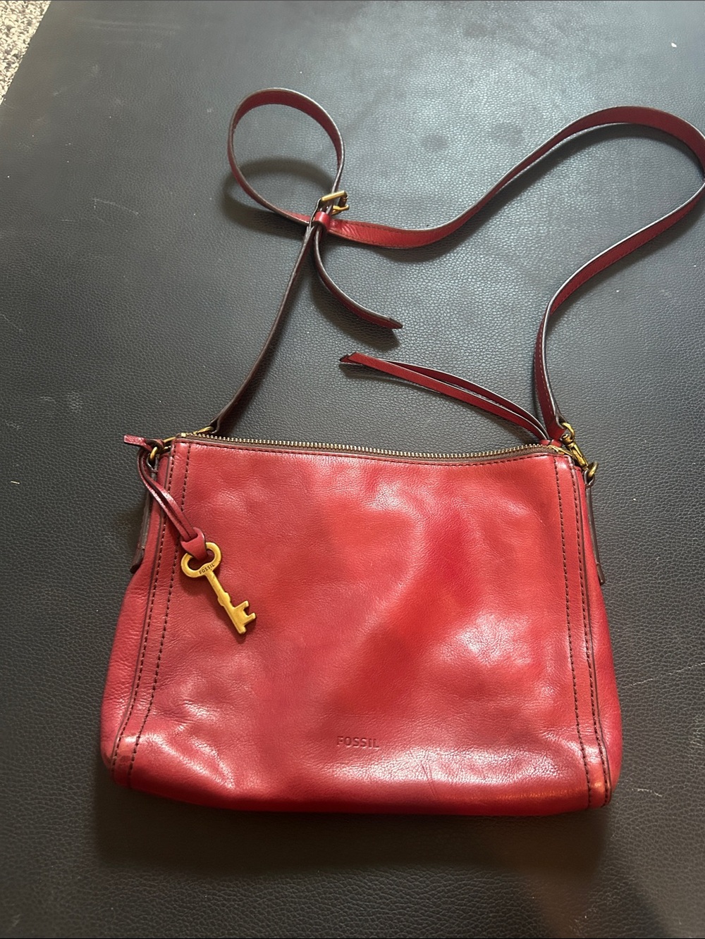 Fossil Burgundy Leather Crossbody with Gold Key Charm